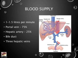HPB CLINIC
BLOOD SUPPLY
• 1-1.5 litres per minute
• Portal vein – 75%
• Hepatic artery – 25%
• Bile duct
• Three hepatic veins
 