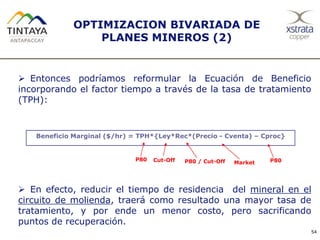 OPTIMIZACION BIVARIADA DE
PLANES MINEROS (2)
 Entonces podríamos reformular la Ecuación de Beneficio
incorporando el factor tiempo a través de la tasa de tratamiento
(TPH):
 En efecto, reducir el tiempo de residencia del mineral en el
circuito de molienda, traerá como resultado una mayor tasa de
tratamiento, y por ende un menor costo, pero sacrificando
puntos de recuperación.
54
Beneficio Marginal ($/hr) = TPH*{Ley*Rec*(Precio - Cventa) – Cproc}
P80 / Cut-OffCut-Off Market P80P80
 