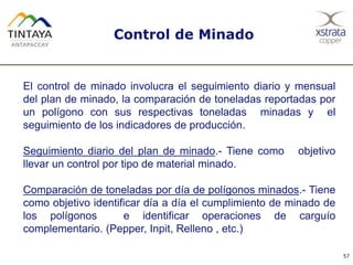 Control de Minado
57
El control de minado involucra el seguimiento diario y mensual
del plan de minado, la comparación de toneladas reportadas por
un polígono con sus respectivas toneladas minadas y el
seguimiento de los indicadores de producción.
Seguimiento diario del plan de minado.- Tiene como objetivo
llevar un control por tipo de material minado.
Comparación de toneladas por día de polígonos minados.- Tiene
como objetivo identificar día a día el cumplimiento de minado de
los polígonos e identificar operaciones de carguío
complementario. (Pepper, Inpit, Relleno , etc.)
 