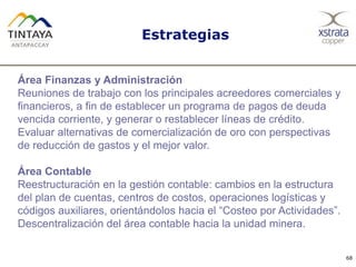 Estrategias
68
Área Finanzas y Administración
Reuniones de trabajo con los principales acreedores comerciales y
financieros, a fin de establecer un programa de pagos de deuda
vencida corriente, y generar o restablecer líneas de crédito.
Evaluar alternativas de comercialización de oro con perspectivas
de reducción de gastos y el mejor valor.
Área Contable
Reestructuración en la gestión contable: cambios en la estructura
del plan de cuentas, centros de costos, operaciones logísticas y
códigos auxiliares, orientándolos hacia el “Costeo por Actividades”.
Descentralización del área contable hacia la unidad minera.
 