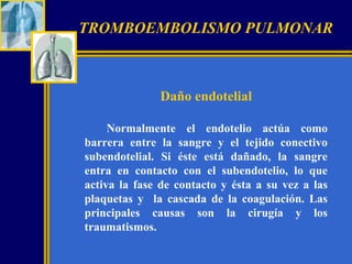 TROMBOEMBOLISMO PULMONAR

Daño endotelial
Normalmente el endotelio actúa como
barrera entre la sangre y el tejido conectivo
subendotelial. Si éste está dañado, la sangre
entra en contacto con el subendotelio, lo que
activa la fase de contacto y ésta a su vez a las
plaquetas y la cascada de la coagulación. Las
principales causas son la cirugía y los
traumatismos.

 
