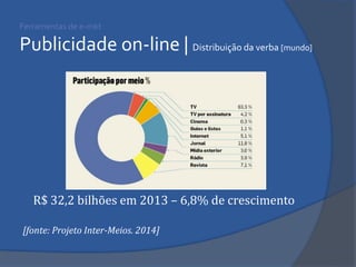 Ferramentas de e-mkt Publicidade on-line | Distribuição da verba [mundo] 
R$ 32,2 bilhões em 2013 – 6,8% de crescimento 
[fonte: Projeto Inter-Meios. 2014]  