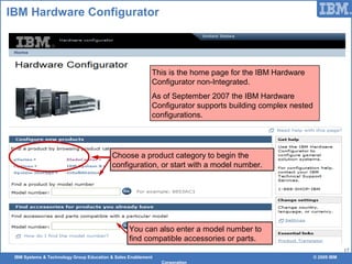 IBM Systems & Technology Group Education & Sales Enablement © 2009 IBM
Corporation
17
IBM Hardware Configurator
This is the home page for the IBM Hardware
Configurator non-Integrated.
As of September 2007 the IBM Hardware
Configurator supports building complex nested
configurations.
Choose a product category to begin the
configuration, or start with a model number.
You can also enter a model number to
find compatible accessories or parts.
 