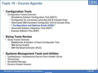IBM Systems & Technology Group Education & Sales Enablement © 2009 IBM
Corporation
20
Topic 10 - Course Agenda
> Configuration Tools
 Configuration Toolset Overview
− Standalone Solution Configuration Tool (SSCT)
− Configurator for e-business (eConfig) (US & Canada Only)
− Web-based IBM Hardware Configurator (US & Canada Only)
− * Configuration and Options Guide (COG) *
− Advanced Solution Integration Tool (ASIT)
− Express Selector Plus (ESP)
> Sizing Tools Review
 Sizing Toolset Overview
− BladeCenter & System x Power Configurator Tool
− IBM Sizing Guides
− IBM Workload Estimator (WLE)
> Systems Management Tools and Utilities
 UpdateXpress / UpdateXpress Service Pack Installer UXLite
 ServerGuide
 ServeRAID Manager
 Dynamic System Analysis
 