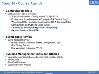 IBM Systems & Technology Group Education & Sales Enablement © 2009 IBM
Corporation
24
Topic 10 - Course Agenda
> Configuration Tools
 Configuration Toolset Overview
− Standalone Solution Configuration Tool (SSCT)
− Configurator for e-business (eConfig) (US & Canada Only)
− Web-based IBM Hardware Configurator (US & Canada Only)
− Configuration and Options Guide (COG)
− * Advanced Solution Integration Tool (ASIT) *
− Express Selector Plus (ESP)
> Sizing Tools Review
 Sizing Toolset Overview
− BladeCenter & System x Power Configurator Tool
− IBM Sizing Guides
− IBM Workload Estimator (WLE)
> Systems Management Tools and Utilities
 UpdateXpress / UpdateXpress Service Pack Installer UXLite
 ServerGuide
 ServeRAID Manager
 Dynamic System Analysis
 