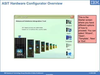 IBM Systems & Technology Group Education & Sales Enablement © 2009 IBM
Corporation
26
ASIT Hardware Configurator Overview
This is the
Starter screen
where you have
different options
of how to
proceed. You can
select ‘Wizard’,
‘Open’,
‘Template’, ‘New’
or ‘Exit’.
 