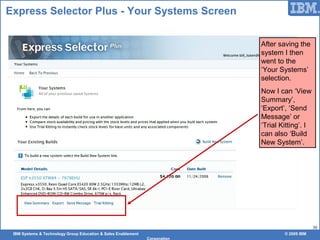IBM Systems & Technology Group Education & Sales Enablement © 2009 IBM
Corporation
30
Express Selector Plus - Your Systems Screen
After saving the
system I then
went to the
‘Your Systems’
selection.
Now I can ‘View
Summary’,
‘Export’, ‘Send
Message’ or
‘Trial Kitting’. I
can also ‘Build
New System’.
 