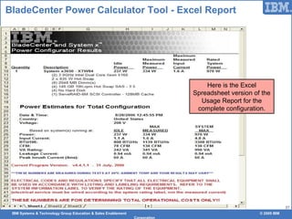 IBM Systems & Technology Group Education & Sales Enablement © 2009 IBM
Corporation
37
BladeCenter Power Calculator Tool - Excel Report
Here is the Excel
Spreadsheet version of the
Usage Report for the
complete configuration.
 