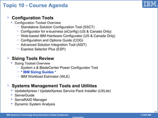 IBM Systems & Technology Group Education & Sales Enablement © 2009 IBM
Corporation
38
Topic 10 - Course Agenda
> Configuration Tools
 Configuration Toolset Overview
− Standalone Solution Configuration Tool (SSCT)
− Configurator for e-business (eConfig) (US & Canada Only)
− Web-based IBM Hardware Configurator (US & Canada Only)
− Configuration and Options Guide (COG)
− Advanced Solution Integration Tool (ASIT)
− Express Selector Plus (ESP)
> Sizing Tools Review
 Sizing Toolset Overview
− System x & BladeCenter Power Configurator Tool
− * IBM Sizing Guides *
− IBM Workload Estimator (WLE)
> Systems Management Tools and Utilities
 UpdateXpress / UpdateXpress Service Pack Installer (UXLite)
 ServerGuide
 ServeRAID Manager
 Dynamic System Analysis
 