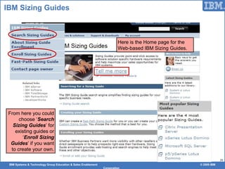 IBM Systems & Technology Group Education & Sales Enablement © 2009 IBM
Corporation
39
IBM Sizing Guides
Here is the Home page for the
Web-based IBM Sizing Guides.
From here you could
choose ‘Search
Sizing Guides’ for
existing guides or
‘Enroll Sizing
Guides’ if you want
to create your own.
 