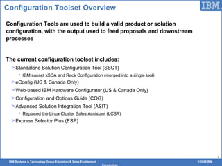 IBM Systems & Technology Group Education & Sales Enablement © 2009 IBM
Corporation
4
Configuration Toolset Overview
Configuration Tools are used to build a valid product or solution
configuration, with the output used to feed proposals and downstream
processes
The current configuration toolset includes:
> Standalone Solution Configuration Tool (SSCT)
 IBM sunset xSCA and Rack Configuration (merged into a single tool)
> eConfig (US & Canada Only)
> Web-based IBM Hardware Configurator (US & Canada Only)
> Configuration and Options Guide (COG)
> Advanced Solution Integration Tool (ASIT)
 Replaced the Linux Cluster Sales Assistant (LCSA)
> Express Selector Plus (ESP)
 