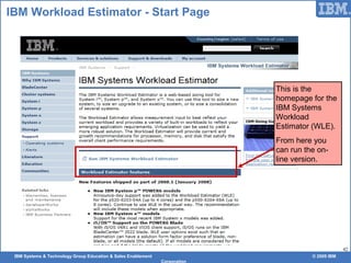 IBM Systems & Technology Group Education & Sales Enablement © 2009 IBM
Corporation
42
IBM Workload Estimator - Start Page
This is the
homepage for the
IBM Systems
Workload
Estimator (WLE).
From here you
can run the on-
line version.
 