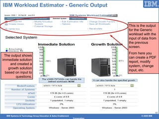 IBM Systems & Technology Group Education & Sales Enablement © 2009 IBM
Corporation
43
IBM Workload Estimator - Generic Output
The output shows
immediate solution
and created a
growth solution
based on input to
questions.
This is the output
for the Generic
workload with the
input of data from
the previous
screen.
From here you
can create a PDF
report, modify
system, change
input, etc.
 