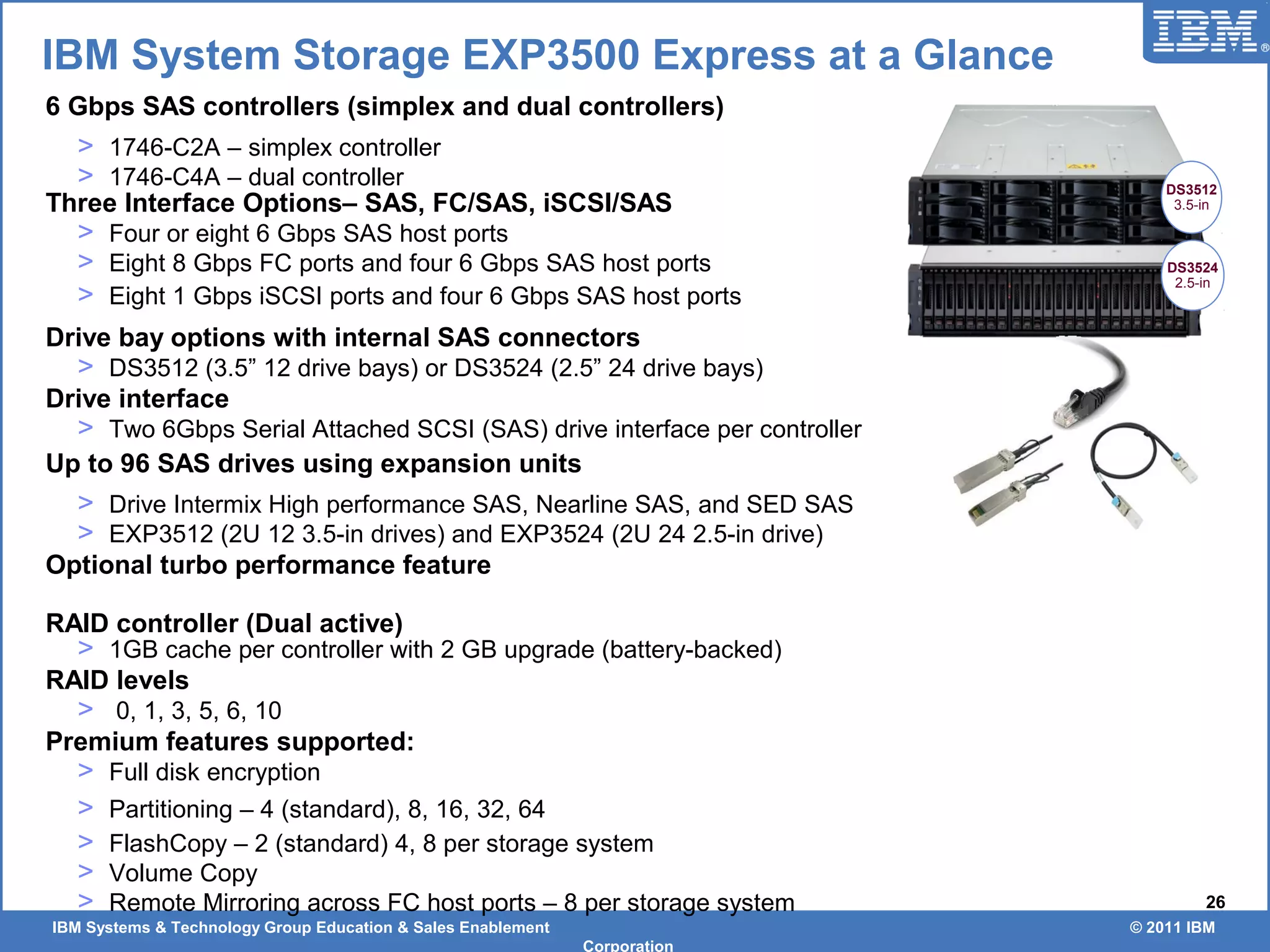 IBM Systems & Technology Group Education & Sales Enablement © 2011 IBM
Corporation
26
6 Gbps SAS controllers (simplex and dual controllers)
> 1746-C2A – simplex controller
> 1746-C4A – dual controller
Three Interface Options– SAS, FC/SAS, iSCSI/SAS
> Four or eight 6 Gbps SAS host ports
> Eight 8 Gbps FC ports and four 6 Gbps SAS host ports
> Eight 1 Gbps iSCSI ports and four 6 Gbps SAS host ports
Drive bay options with internal SAS connectors
> DS3512 (3.5” 12 drive bays) or DS3524 (2.5” 24 drive bays)
Drive interface
> Two 6Gbps Serial Attached SCSI (SAS) drive interface per controller
Up to 96 SAS drives using expansion units
> Drive Intermix High performance SAS, Nearline SAS, and SED SAS
> EXP3512 (2U 12 3.5-in drives) and EXP3524 (2U 24 2.5-in drive)
Optional turbo performance feature
RAID controller (Dual active)
> 1GB cache per controller with 2 GB upgrade (battery-backed)
RAID levels
> 0, 1, 3, 5, 6, 10
Premium features supported:
> Full disk encryption
> Partitioning – 4 (standard), 8, 16, 32, 64
> FlashCopy – 2 (standard) 4, 8 per storage system
> Volume Copy
> Remote Mirroring across FC host ports – 8 per storage system
DS3524
2.5-in
DS3512
3.5-in
IBM System Storage EXP3500 Express at a Glance
 