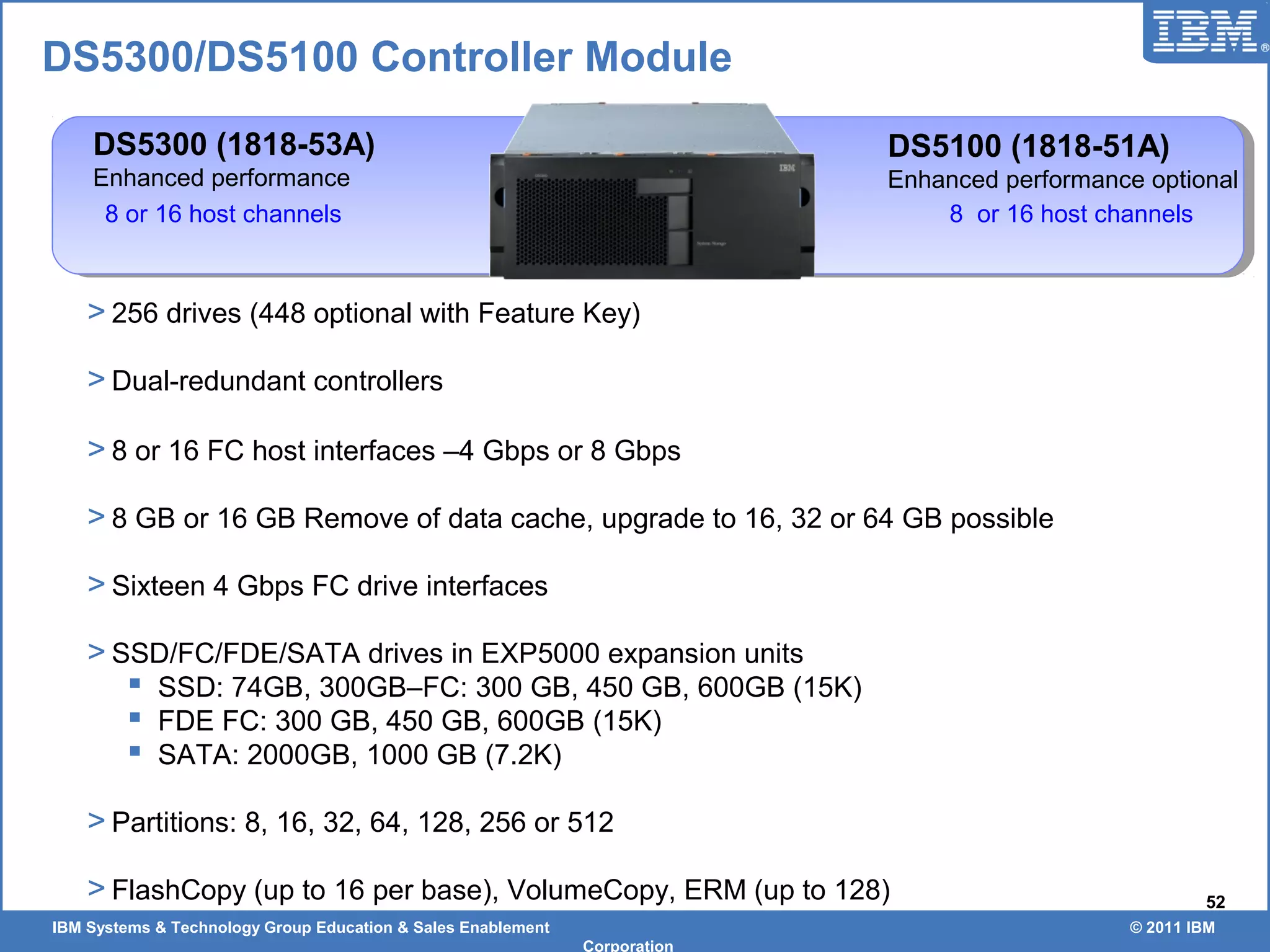 IBM Systems & Technology Group Education & Sales Enablement © 2011 IBM
Corporation
52
> 256 drives (448 optional with Feature Key)
> Dual-redundant controllers
> 8 or 16 FC host interfaces –4 Gbps or 8 Gbps
> 8 GB or 16 GB Remove of data cache, upgrade to 16, 32 or 64 GB possible
> Sixteen 4 Gbps FC drive interfaces
> SSD/FC/FDE/SATA drives in EXP5000 expansion units
 SSD: 74GB, 300GB–FC: 300 GB, 450 GB, 600GB (15K)
 FDE FC: 300 GB, 450 GB, 600GB (15K)
 SATA: 2000GB, 1000 GB (7.2K)
> Partitions: 8, 16, 32, 64, 128, 256 or 512
> FlashCopy (up to 16 per base), VolumeCopy, ERM (up to 128)
DS5300/DS5100 Controller Module
DS5300 (1818-53A)
Enhanced performance
DS5100 (1818-51A)
Enhanced performance optional
8 or 16 host channels8 or 16 host channels
 