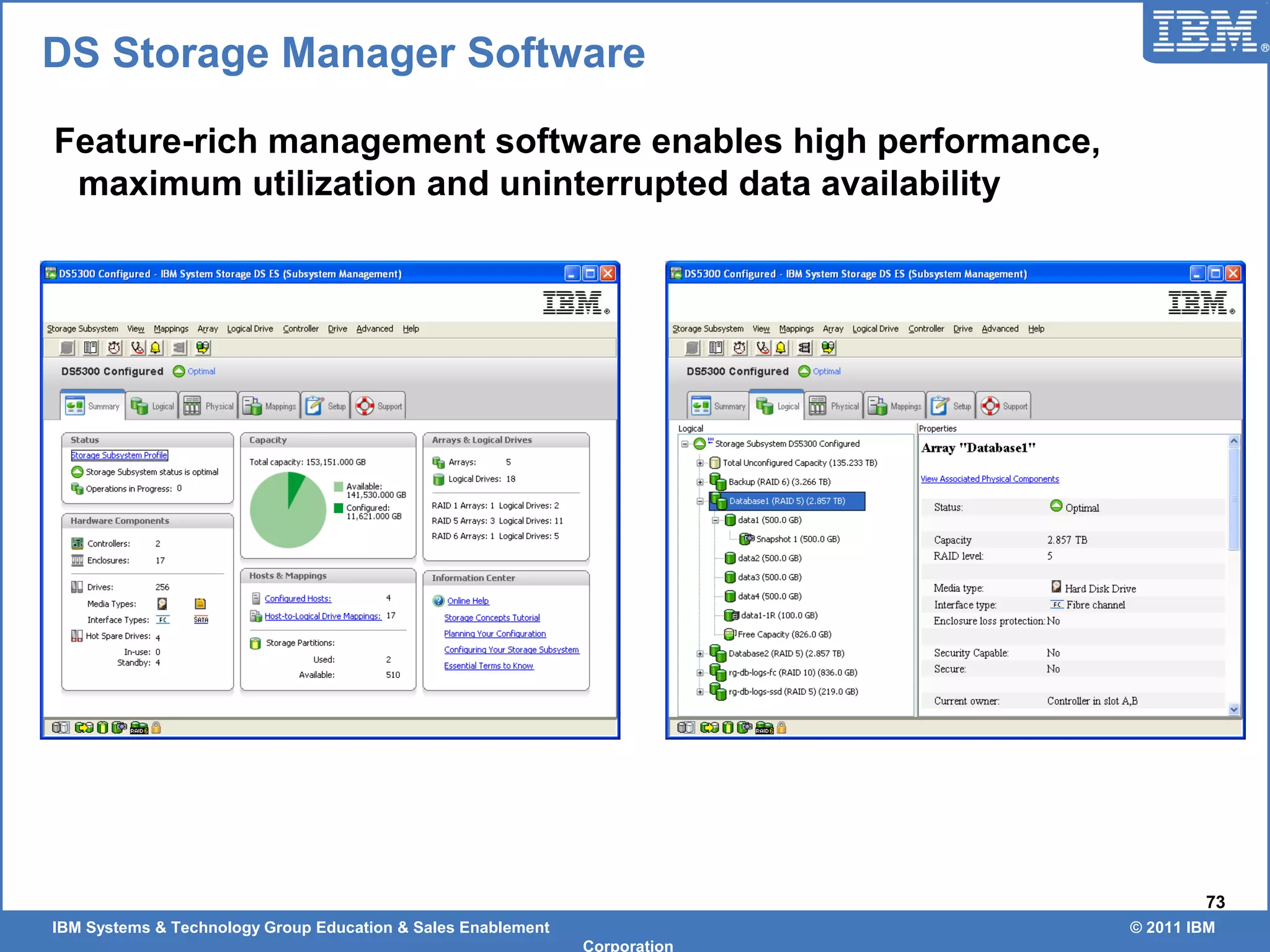 IBM Systems & Technology Group Education & Sales Enablement © 2011 IBM
Corporation
73
DS Storage Manager Software
Feature-rich management software enables high performance,
maximum utilization and uninterrupted data availability
 