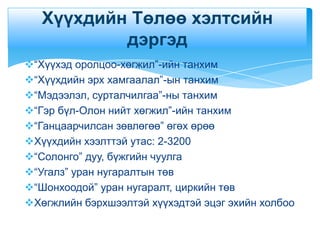Хүүхдийн Төлөө хэлтсийн
           дэргэд
“Хүүхэд оролцоо-хөгжил”-ийн танхим
“Хүүхдийн эрх хамгаалал”-ын танхим
“Мэдээлэл, сурталчилгаа”-ны танхим
“Гэр бүл-Олон нийт хөгжил”-ийн танхим
“Ганцаарчилсан зөвлөгөө” өгөх өрөө
Хүүхдийн хээлттэй утас: 2-3200
“Солонго” дуу, бүжгийн чуулга
“Угалз” уран нугаралтын төв
“Шонхоодой” уран нугаралт, циркийн төв
Хөгжлийн бэрхшээлтэй хүүхэдтэй эцэг эхийн холбоо
 