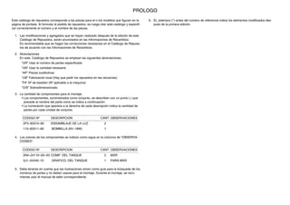 Este catálogo de repuestos corresponde a las piezas para el o los modelos que figuran en la
página de portada. Al formular el pedido de repuestos, se ruega citar este catálogo y especifi-
car correctamente el número y el nombre de las piezas.
1. Las modificaciones y agregados que se hayan realizado después de la edición de este
Catálogo de Repuestos, serán anunciados en las Informaciones de Recambios.
Es recomendable que se hagan las correcciones necesarias en el Catálogo de Repues-
tos de acuerdo con las Informaciones de Recambios.
2. Abreviaciones
En este. Catálogo de Repuestos se emplean las siguientes abreviaciones.
“UR” Usar el número de partes especificado
“UN” Usar la cantidad necesaria
“AP” Piezas sustitutivas
“LM” Fabricación local (Hay que pedir los repuestos en las cercanías)
“F#” Nº de bastidor (Nº aplicable a la máquina)
“O/S” Sobredimensionado
3. La cantidad de componentes para el montaje
• Los componentes, suministrados como conjunto, se describen con un punto (.) que
precede al nombre del parte como se indica a continuación.
• La numeración que aparece a la derecha de cada descripción indica la cantidad de
partes por cada unidad de conjunto.
CODIGO Nº DESCRIPCION CANT. OBSERVACIONES
2F5–83310–60 ENSAMBLAJE DE LA LUZ 2
115–83311–60 .BOMBILLA (6V–18W) 1
4. Los colores de los componentes se indican como sigue en la columna de “OBSERVA-
CIONES”.
CODIGO Nº DESCRIPCION CANT. OBSERVACIONES
2N4–24110–00–X5 COMP. DEL TANQUE 2 MXR
3J1–24240–10 .GRAFICO, DEL TANQUE 1 PARA MXR
5. Debe tenerse en cuenta que las ilustraciones sirven como guia para la búsqueda de los
números de partes y no deben usarse para el montaje. Durante el montaje, se reco-
mienda usar el manual de taller correspondiente.
6. EL asterisco (*) antes del número de referencia indica los elementos modificados des-
pués de la primera edición.
PROLOGO
 