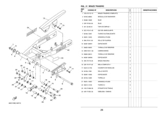 FIG. 21 BRAZO TRASERO
REF.
Nº
CODIGO Nº DESCRIPCION
1ED9
OBSERVACIONES
1 1ED–F2110–10 BRAZO TRASERO COMPLETO 1
2 93700–06803 BOQUILLA DE ENGRASAR 1
3 90386–18099 BUJE 2
4 53P–F2184–00 BUJE 1
5 401–22128–01 TAPA DE EMPIJE 1 2
6 2CC–F2141–00 EJE DEL BARCULANTE 1
7 90185–12007 TUERCA AUTOBLOCANTE 1
8 90201–12045 ARANDELA PLANA 1
9 4B4–F2151–00 SELLO DE GUARDA 1
10 90387–06W41 ESPACIADOR 1
11 95802–06020 TORNILLO DE REBORDE 1
12 5RM–F2311–00 CABRECADENA 1
13 95802–06012 TORNILLO DE REBORDE 2
14 90387–06W62 ESPACIADOR 2
15 4B4–F217A–00 BRAZO REEURIO 2
16 53P–F217F–00 BIELA COMPLETA 1 1
17 93315–31759 COJINETE DE RODILLOS 3
18 93106–17801 SELLO ACEITE 6
19 90387–12056 ESPACIADOR 3
20 90105–12085 TORNILLO 4
21 90201–12823 ARANDELA PLANA 4
22 95612–12100 TUERCA U 4
23 1ED–F1668–00 ETIQUETA DE FRANJA 1
24 53P–F153E–00 EMBLEMA, YAMAHA 2
26
 