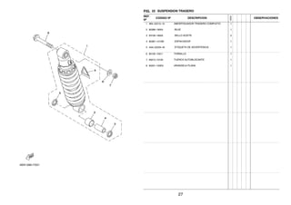 FIG. 22 SUSPENSION TRASERO
REF.
Nº
CODIGO Nº DESCRIPCION
1ED9
OBSERVACIONES
1 4B4–22210–10 AMORTIGUADOR TRASERO COMPLETO 1
2 90386–18004 .BUJE 1
3 93106–18002 .SELLO ACEITE 2
4 90387–1210W .ESPACIADOR 1
5 4AA–22259–40 .ETIQUETA DE ADVERTENCIA 1
6 90105–10011 TORNILLO 1
7 95612–10100 TUERCA AUTOBLOCANTE 1
8 90201–100E9 ARANDELA PLANA 1
27
 