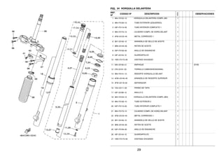 FIG. 24 HORQUILLA DELANTERA
REF.
Nº
CODIGO Nº DESCRIPCION
1ED9
OBSERVACIONES
1 4B4–F3102–10 HORQUILLA DELANTERA COMPL.(MI) 1
2 4B4–F3126–10 .TUBO EXTERIOR (IZQUIERDO) 1
3 53P–F3110–00 .TUBO INTERIOR COMPLETO 1 1
4 4B4–F3170–10 .CILINDRO COMPL DE HORQ DELANT 1
5 4FM–23125–40 .METAL CORREDIZO 1 1
6 36Y–23146–10 .ARANDELA DE SELLO DE ACEITE 1
7 3BN–23145–00 .RETEN DE ACEITE 1
8 53P–F3156–00 .ANILLO DE ENGANCHE 1
9 43F–23144–10 .GUARDAPOLVO 1
10 1WD–F3173–00 .VASTAGO AHUSADO 1
11 509–23158–L0 .EMPAQUE 1 (KYB)
12 278–23181–50 .TORNILLO CABEZAHEXAGONAL 1
13 4B4–F3141–10 .RESORTE HORQUILLA DELANT. 1
14 4DW–23149–40 .ARANDELA DE RESORTE SUPERIOR 1
15 3FW–23118–00 .SEPARADOR 1
16 1D0–23111–00 .PERNO DE TAPA 1
17 43F–23188–10 .ANILLO O 1
18 4B4–F3103–10 HORQUILLA DELANTERA COMPL.(MD) 1
19 4B4–F3136–10 .TUBO EXTERIOR 2 1
20 53P–F3110–00 .TUBO INTERIOR COMPLETO 1 1
21 4B4–F3170–10 .CILINDRO COMPL DE HORQ DELANT 1
22 4FM–23125–40 .METAL CORREDIZO 1 1
23 36Y–23146–10 .ARANDELA DE SELLO DE ACEITE 1
24 3BN–23145–00 .RETEN DE ACEITE 1
25 53P–F3156–00 .ANILLO DE ENGANCHE 1
26 43F–23144–10 .GUARDAPOLVO 1
27 1WD–F3173–00 .VASTAGO AHUSADO 1
29
 