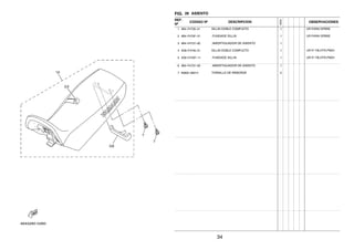 FIG. 26 ASIENTO
REF.
Nº
CODIGO Nº DESCRIPCION
1ED9
OBSERVACIONES
1 4B4–F4730–41 SILLIN DOBLE COMPLETO 1 UR PARA DPBSE
2 4B4–F470F–31 .FUNDADE SILLIN 1 UR PARA DPBSE
3 4B4–F4737–00 .AMORTIGUADOR DE ASIENTO 1
4 4D8–F4730–51 SILLIN DOBLE COMPLETO 1 UR P/ YB,HTR,PWS1
5 4D8–F470F–11 .FUNDADE SILLIN 1 UR P/ YB,HTR,PWS1
6 4B4–F4737–00 .AMORTIGUADOR DE ASIENTO 1
7 95802–06014 TORNILLO DE REBORDE 2
34
 