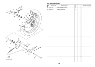 FIG. 29 RUEDA TRASERA
REF.
Nº
CODIGO Nº DESCRIPCION
1ED9
OBSERVACIONES
28 90185–14014 TUERCA AUTOBLOCANTE 1
29 94568–H1106 CADENA (DID520VD2) 1
38
 
