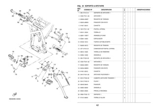 FIG. 33 SOPORTE & APOYAPIE
REF.
Nº
CODIGO Nº DESCRIPCION
1ED9
OBSERVACIONES
1 4B4–F7412–01 SOPORTE DE APOYAPIE 1 1
2 4VW–F7411–00 APOYAPIE 1 1
3 90508–20W07 RESORTE DE TORSION 1
4 90240–08W04 PASADOR CON HOYO 1
5 91401–25015 CHAVETA 1
6 1ED–F7311–00 PUNTAL LATERAL 1
7 90101–10818 TORNILLO 1
8 90201–10W77 ARANDELA PLANA 2
9 90387–10003 ESPACIADOR 1
10 90185–10012 TUERCA AUTOBLOCANTE 1
11 90506–35473 RESORTE DE TENSION 1
12 5XT–27315–01 CONEXION DE PUNTAL LATERAL 1
13 95812–10025 TORNILLO DE REBORDE 2
14 92902–10200 ARANDELA 2
15 4B4–F7422–00 SOPORTE DE APOYAPIE 2 1
16 4VW–F7421–00 APOYAPIE 2 1
17 90508–20W07 RESORTE DE TORSION 1
18 90240–08W04 PASADOR CON HOYO 1
19 91401–25015 CHAVETA 1
20 5HH–F7431–00 APOYAPIE POSTERIOR 1 1
21 5HH–F7433–00 CUBIERTA APOYAPIE TRASERO 1 1
22 5HH–F7445–01 PLACE 1 1
23 90249–06220 PASADOR 1
24 92902–06200 ARANDELA 1
25 99002–05600 PRESILLA REDONDA 1
26 5RM–F7432–10 SOPORTE 1 1
27 91312–08020 TORNILLO ALLEN 2
42
 