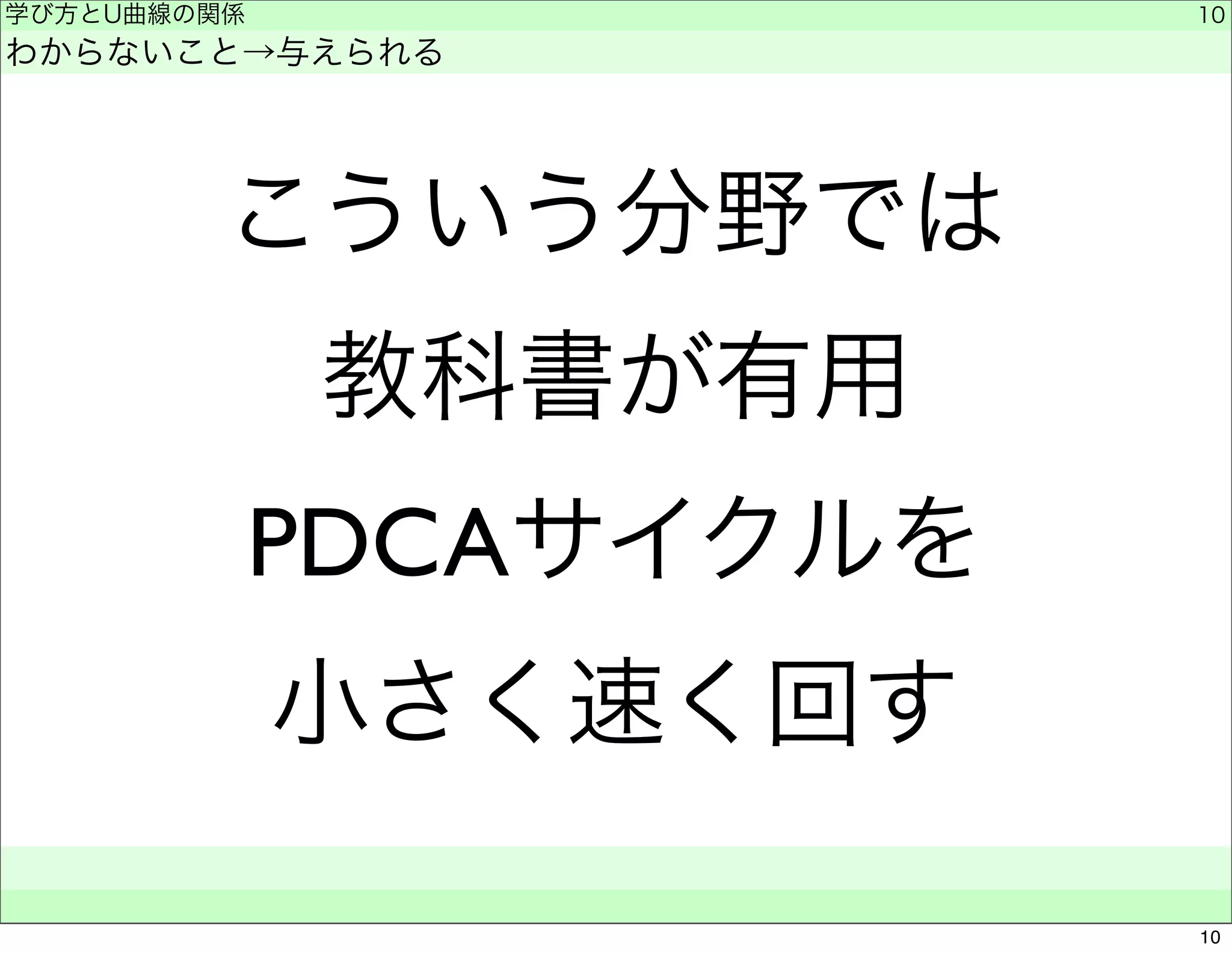 学び方とU曲線の関係 
わからないこと→与えられる 
こういう分野では 
教科書が有用 
PDCAサイクルを 
小さく速く回す 
　　 
10 
10 
 