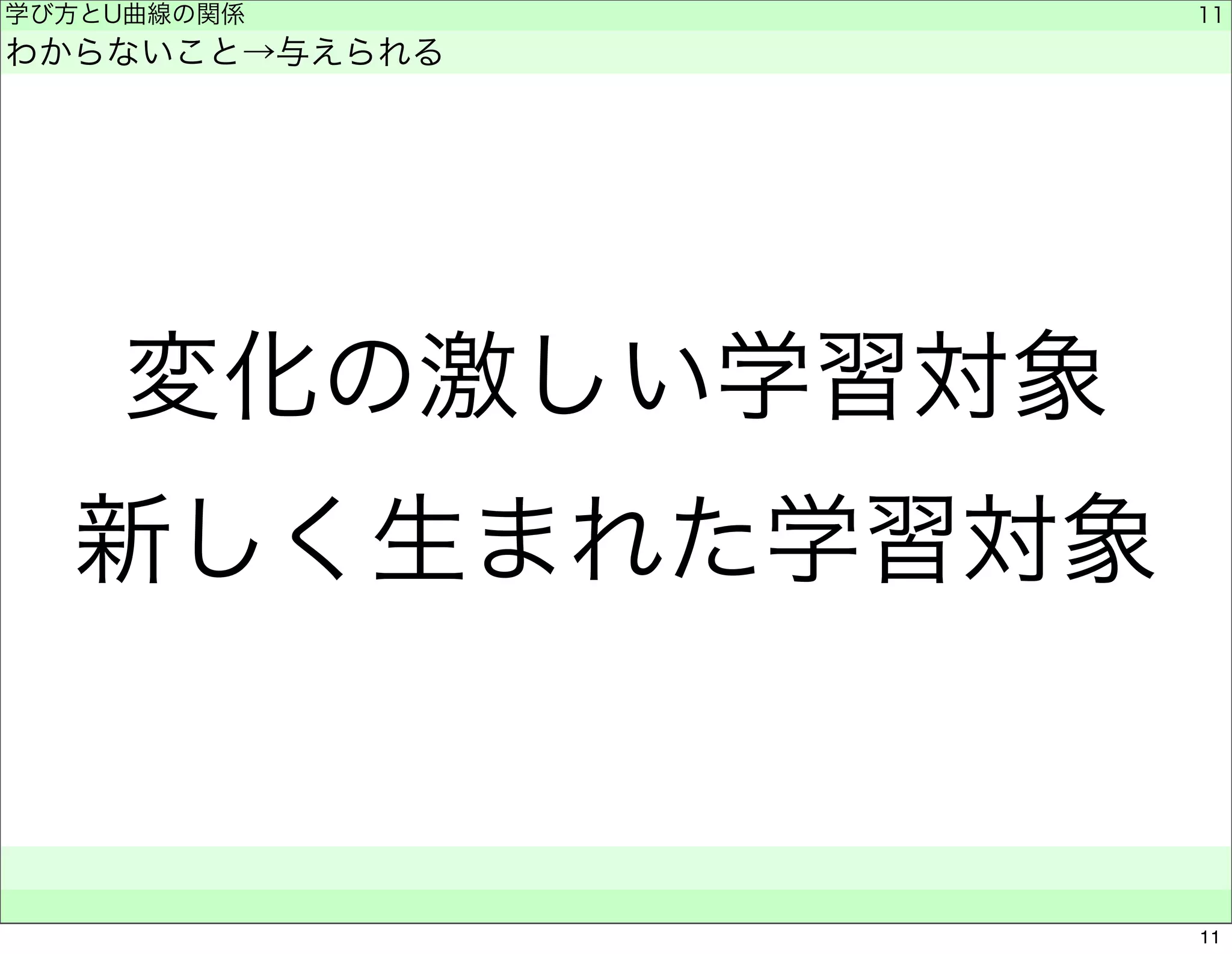 学び方とU曲線の関係 
わからないこと→与えられる 
変化の激しい学習対象 
新しく生まれた学習対象 
　　 
11 
11 
 