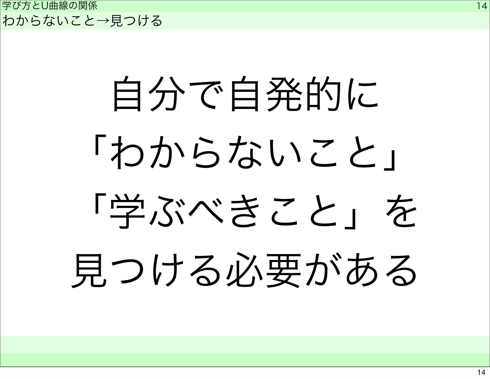 学び方とU曲線の関係 
わからないこと→見つける 
自分で自発的に 
「わからないこと」 
「学ぶべきこと」を 
見つける必要がある 
　　 
14 
14 
 