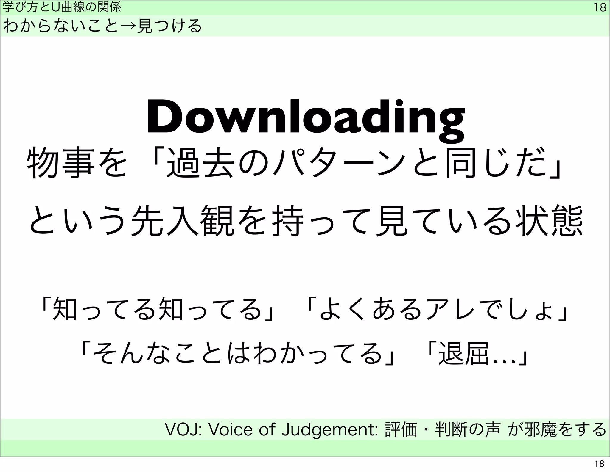 学び方とU曲線の関係 
わからないこと→見つける 
Downloading 
物事を「過去のパターンと同じだ」 
という先入観を持って見ている状態 
「知ってる知ってる」「よくあるアレでしょ」 
「そんなことはわかってる」「退屈…」 
VOJ: Voice of Judgement: 評価・判断の声 が邪魔をする 
　 
18 
18 
 