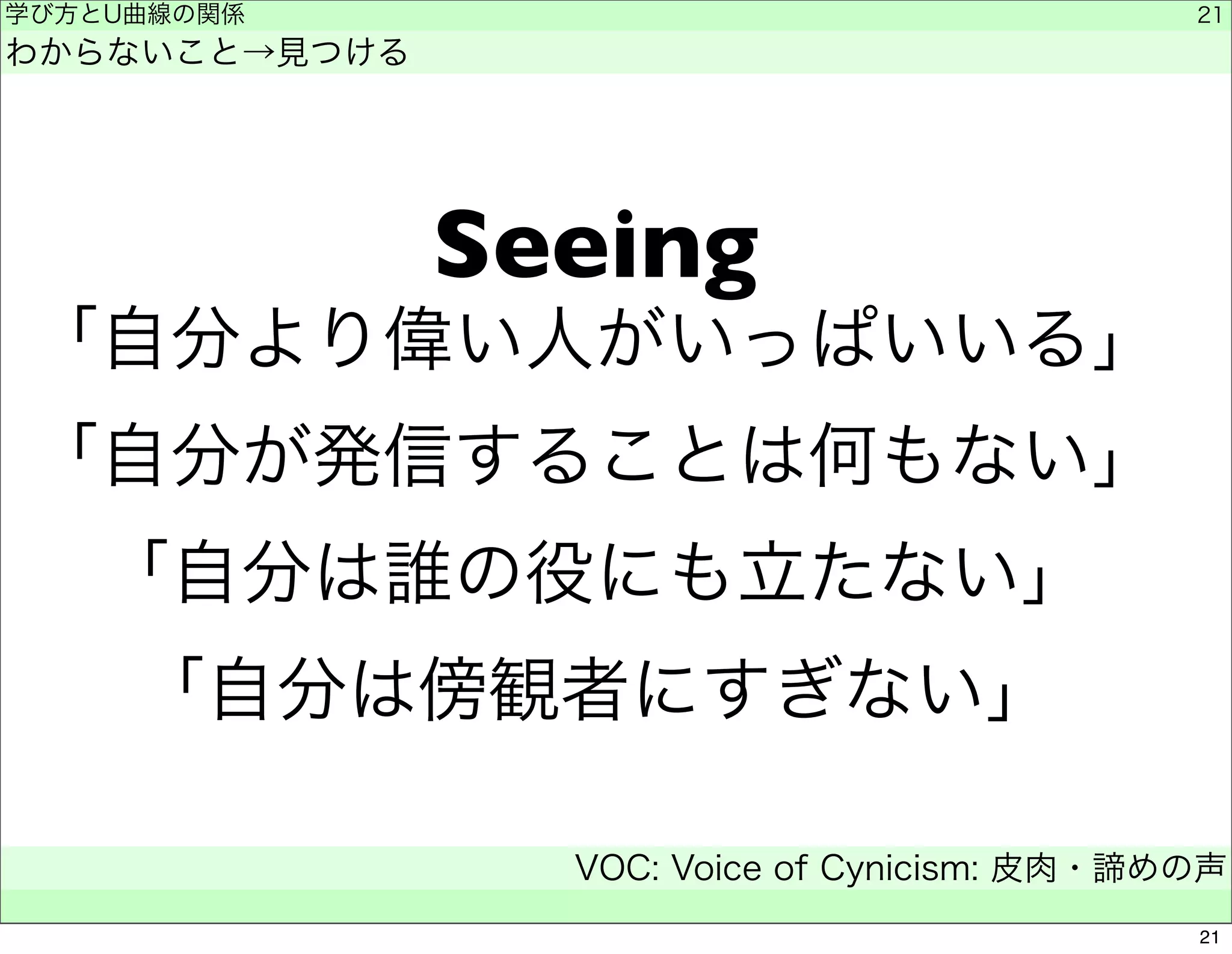Seeing 
学び方とU曲線の関係 
わからないこと→見つける 
「自分より偉い人がいっぱいいる」 
「自分が発信することは何もない」 
「自分は誰の役にも立たない」 
「自分は傍観者にすぎない」 
VOC: Voice of Cynicism: 皮肉・諦めの声 
　 
21 
21 
 