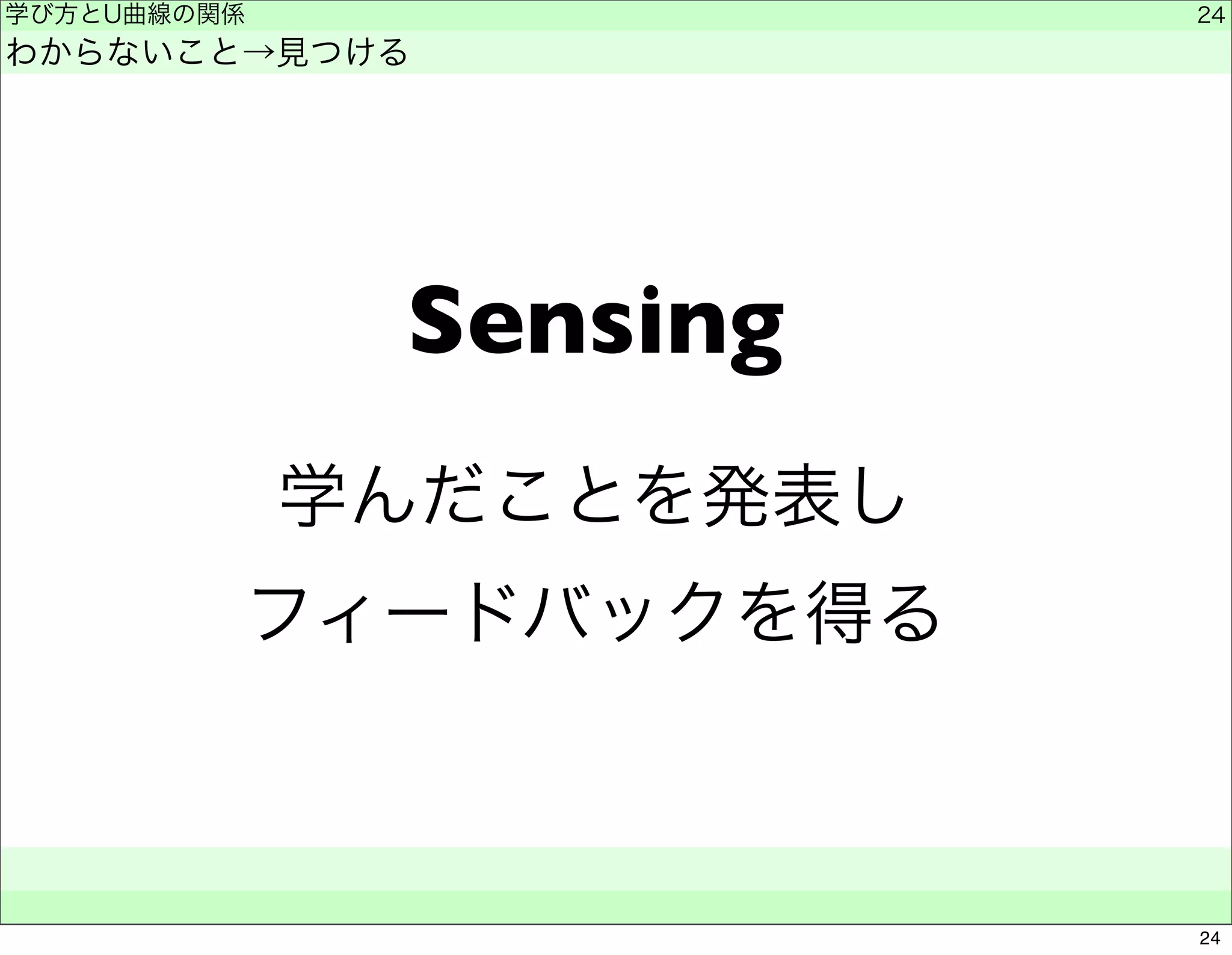 学び方とU曲線の関係 
わからないこと→見つける 
Sensing 
学んだことを発表し 
フィードバックを得る 
　　 
24 
24 
 