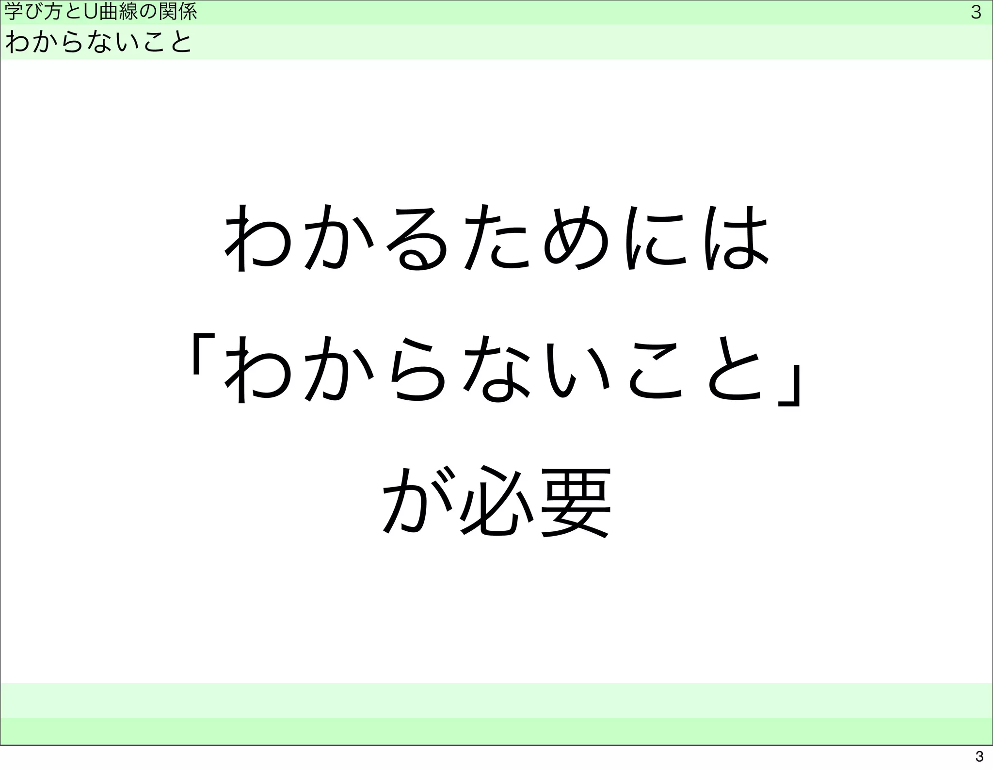 わかるためには 
「わからないこと」 
が必要 
学び方とU曲線の関係 
わからないこと 
　　 
3 
3 
 