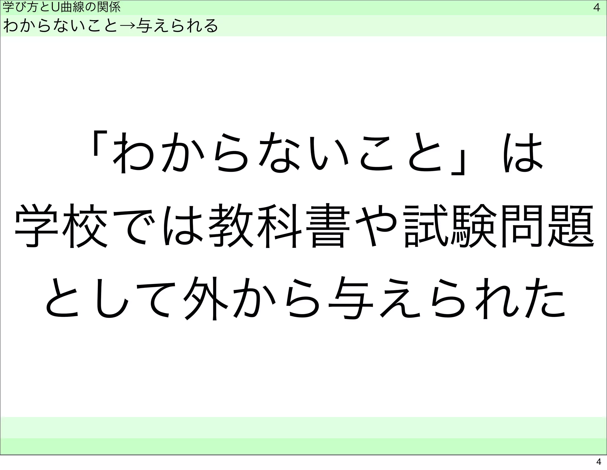 学び方とU曲線の関係 
わからないこと→与えられる 
「わからないこと」は 
学校では教科書や試験問題 
として外から与えられた 
　　 
4 
4 
 