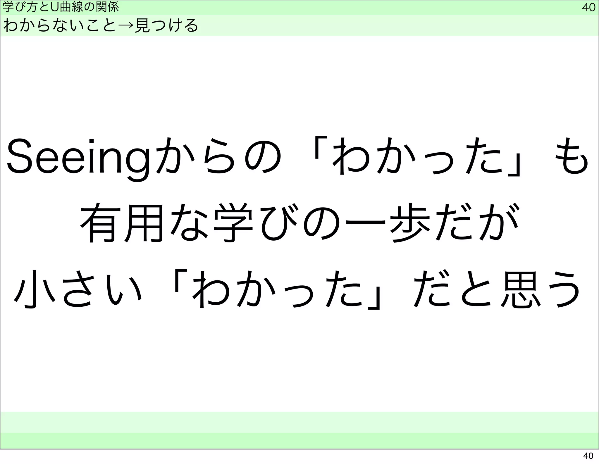 学び方とU曲線の関係 
わからないこと→見つける 
Seeingからの「わかった」も 
有用な学びの一歩だが 
小さい「わかった」だと思う 
　　 
40 
40 
 
