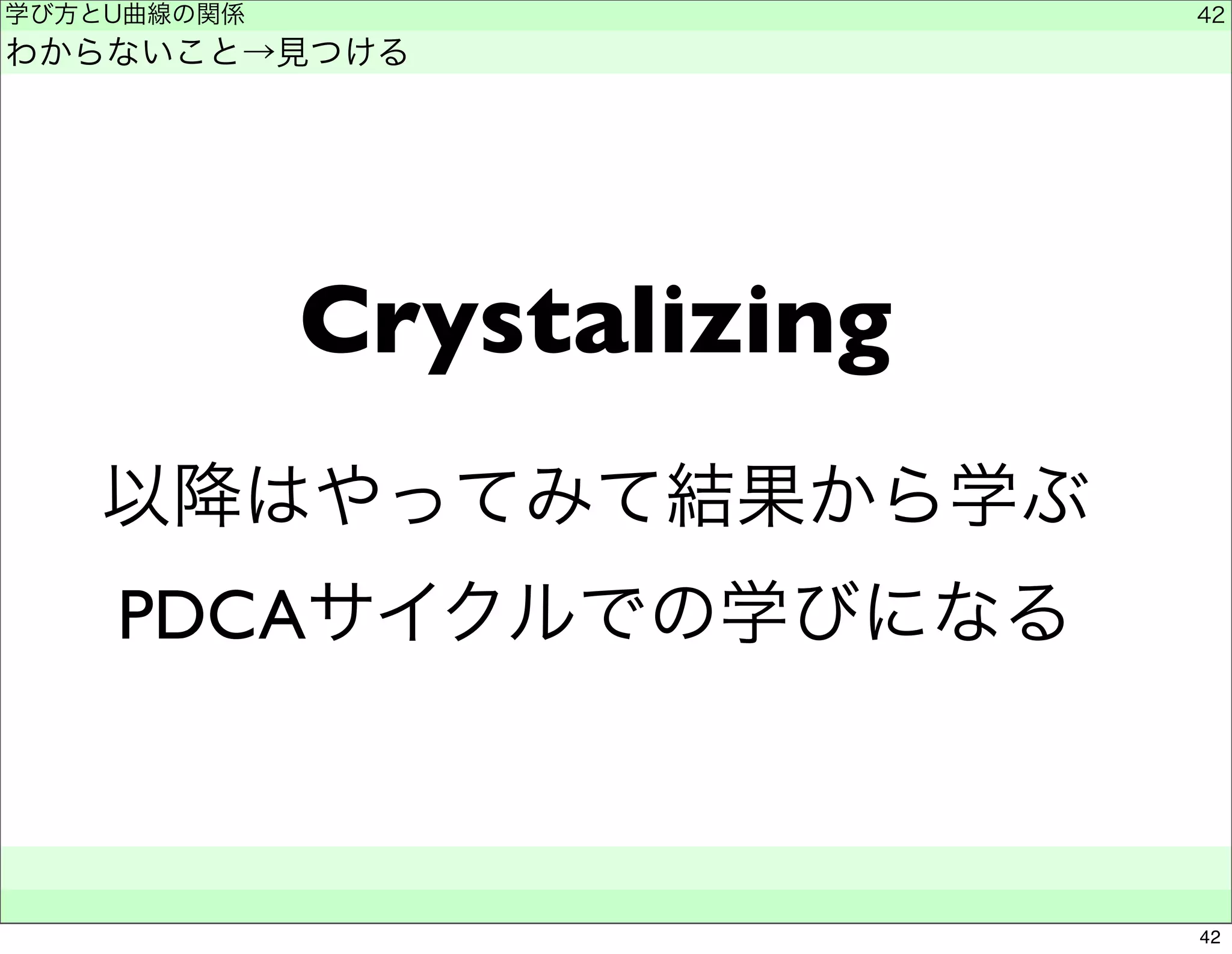 学び方とU曲線の関係 
わからないこと→見つける 
Crystalizing 
以降はやってみて結果から学ぶ 
PDCAサイクルでの学びになる 
　　 
42 
42 
 