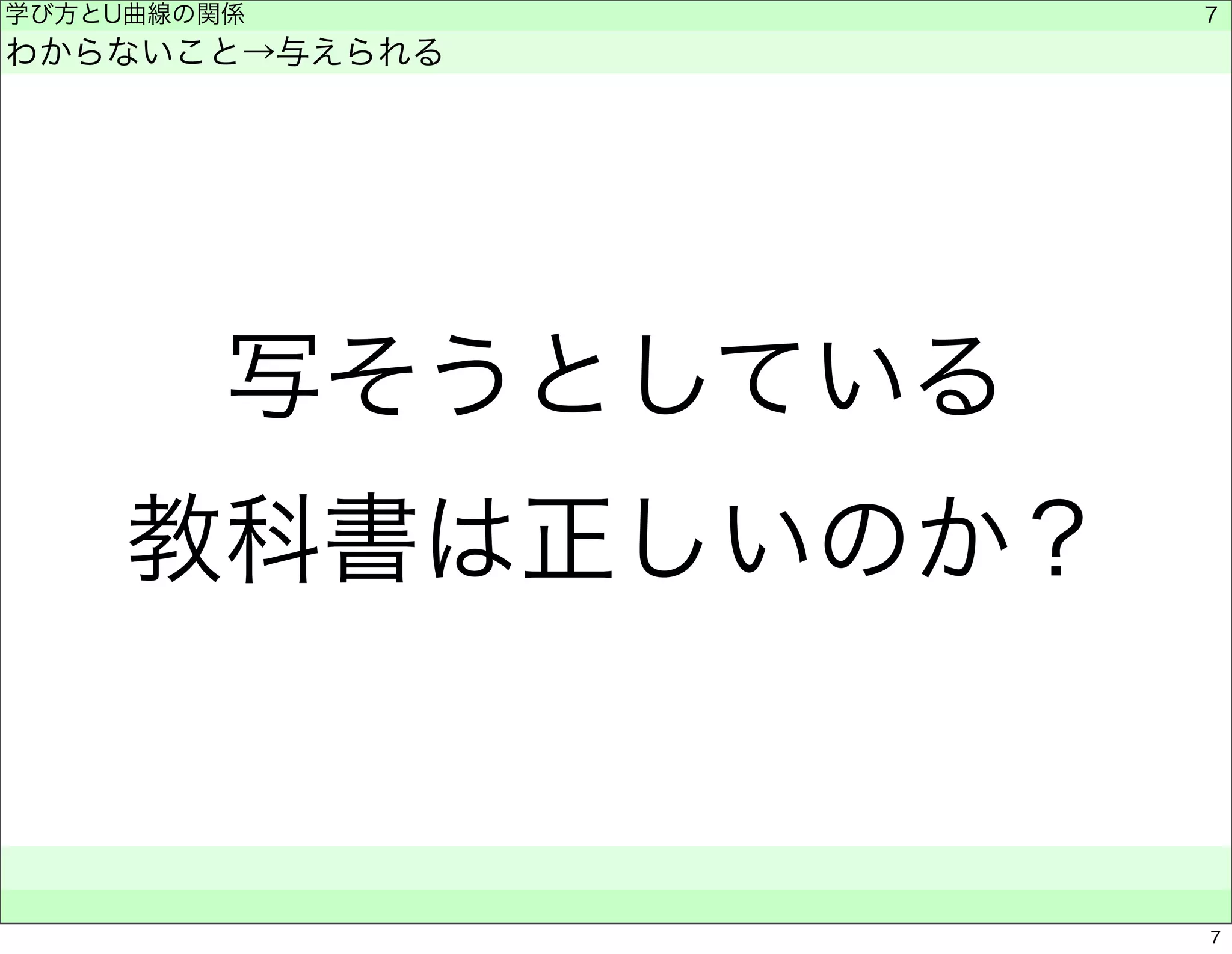 学び方とU曲線の関係 
わからないこと→与えられる 
写そうとしている 
教科書は正しいのか？ 
　　 
7 
7 
 