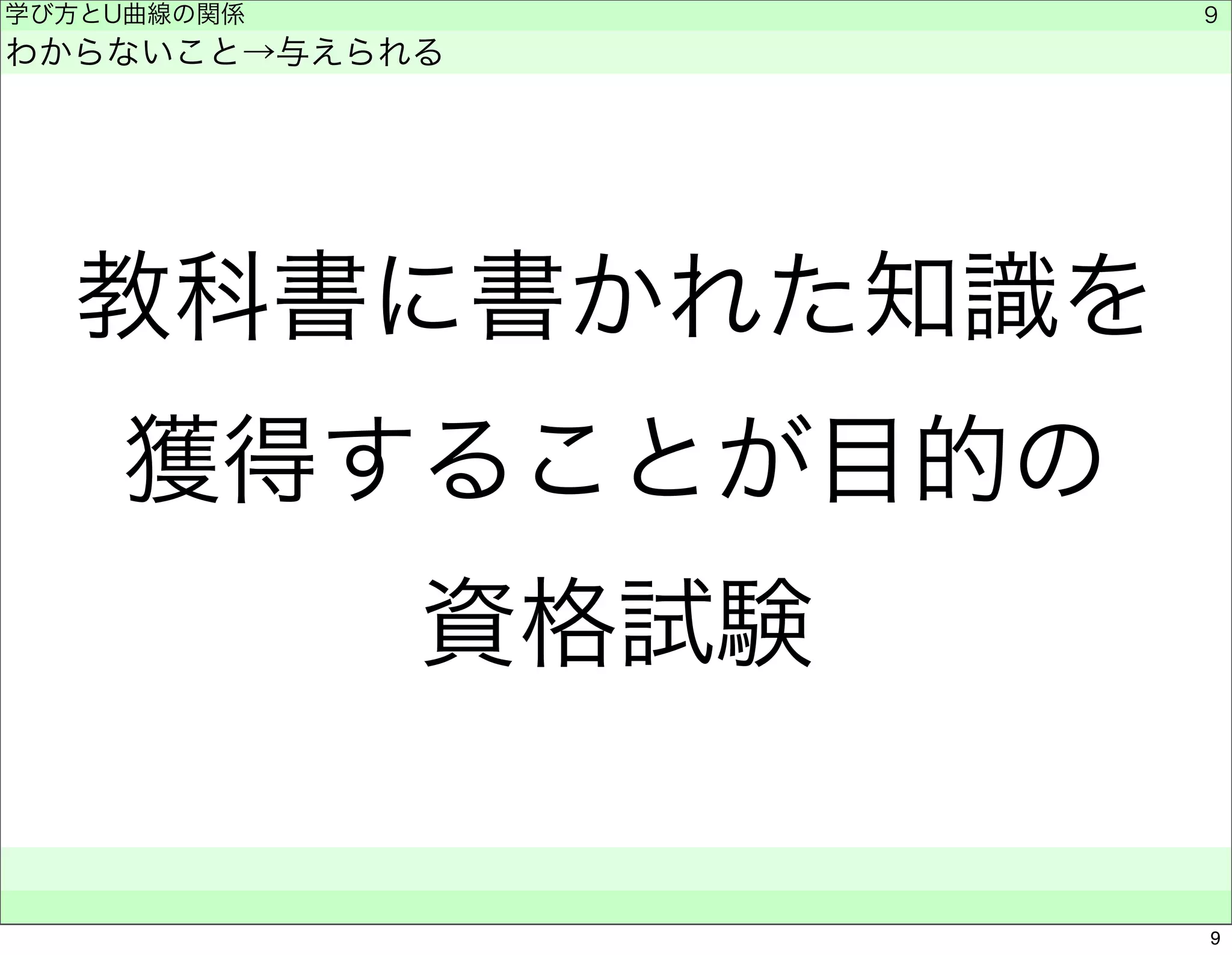 学び方とU曲線の関係 
わからないこと→与えられる 
教科書に書かれた知識を 
獲得することが目的の 
資格試験 
　　 
9 
9 
 