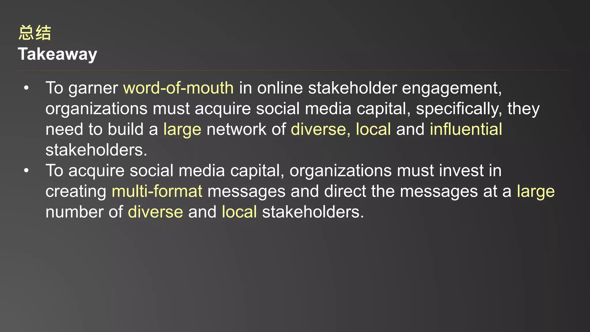 总结
Takeaway
• To garner word-of-mouth in online stakeholder engagement,
organizations must acquire social media capital, specifically, they
need to build a large network of diverse, local and influential
stakeholders.
• To acquire social media capital, organizations must invest in
creating multi-format messages and direct the messages at a large
number of diverse and local stakeholders.
 