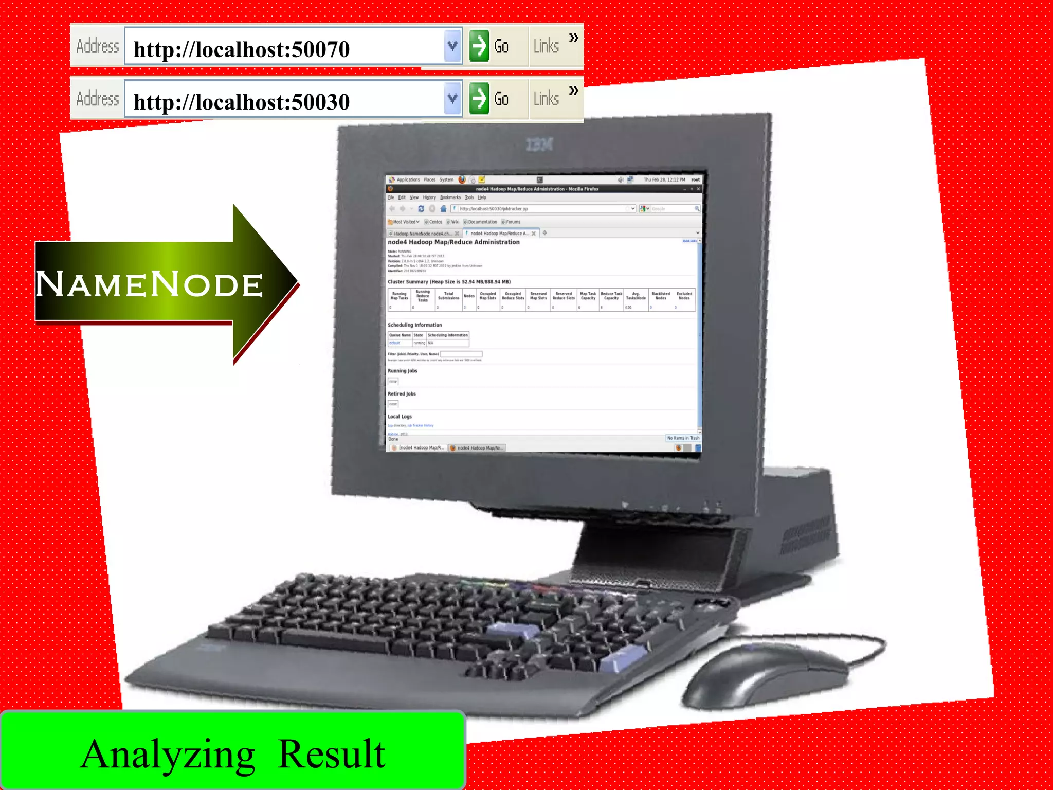 NameNodeNameNode
http://localhost:50070
http://localhost:50030
Analyzing Result
 