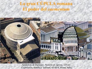 La gran CÚPULA romana
El poder del caementum
Apolodoro de Damasco, Panteón de Agripa, 125 d.C.
Caementum, ladrillo y mármol, 43.44 m. Roma, Italia
 
