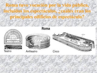 Roma tuvo vocación por la vida pública,
incluidos los espectáculos, ¿cuáles eran los
principales edificios de espectáculo?
 