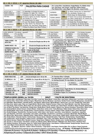 18 / 06 / 2014 – 3ª quarta-feira do mês
CAIARÁ – 19h PLST
PALESTRA PARA CASAIS Prs. Luciano Silva / Jose Barbosa / Angelo Martins / Ev. Gildelio velozo
Evs. Jose Souza / Joao Tavares / Jorge Silva / Edilson Santos /
Pbs. Roberto Silva / Lázaro Miguel / Ant. Bernardo / Josuel Ferreira
ALTO ST. ANT. 2 DOUT Pr. Rafael Melo / Ev.Ginaldo/ Pb.Ginaldo Jr.
MURIBARA
CEIA Prs. Maciel / Genival Jose / Ev. Ataide Diana /
Pbs. Jose Batista / Cleudemir LimaBARRO VERMELHO DOUT Pr.Monteiro / Ev. Jailton / Pb. J. Carmo
CAIXA ECONOMICA DOUT Pr.Alcidesio / Ev. Elias / Pb. Cleyton Santos NOVA TIÚMA DOUT Pb.Ant. Araujo / Dc. Robney Santos
CÉU AZUL CEIA Prs.Antonio / Ijalmar / Ev. Eronildo / Reginaldo
Pbs. Ronaldo Fco / JC Silva
ROSINA LABANCA
CEIA Pr. Ferreira / Evs.Luiz Araujo / Marcilio Manoel
Evs. Wilson / Nivaldo Moura / Pb. Leandro Levy
CÓRREGO DA BICA ORAÇ Ev. Ubiratan Nunes / Dc. Isaque S.JOÃO S. PAULO DOUT Evs.Ozeas / Givanildo Silva
COSME DAMIÃO DOUT Pr. Lucio / Pbs. Marcelo / Ivanildo Andre SITIO SÃO BRAZ DOUT Pr. Edvaldo Dias / Pb.Givanildo Miguel
JD. TEREZÓPOLIS
CEIA Prs. Fábio / Pereira / Evs. Alexandre / Ildo
Ev.Otacilio / Pbs. Jose Pereira / Sergio Soares
SITIO SAPUCAIA DOUT Ev. Levy Medeiros / Of. Severino Dionisio
TABATINGA-II DOUT Pr. Luiz Carlos / Ev. Roberto / Pb. Givaldo
JOAO PAULO-II DOUT Pr.Eliseu/ Evs.Albano/ Suza/ Gilson/ Pb.Breno
19 / 06 / 2014 – 3ª quinta-feira do mês
ALDEIA KM 01 DOUT Evs.Genilson / Jose Sev.Silva / Of.Ibineias Jr LOT. SANTANA DOUT Pr.Ijalmar / Ev.Luiz Ant. / Eufrasio /
ALTO ST. ANT. – 1 DOUT Ev. Alcir / Pb.Sev.João NOVO PRADO DOUT Pr. Wilson / Ev. Malaquias / Pb. Otavio
B. ESTADOS CEIA Pr. Luiz Lucio / Evs. Fco Joaquim / Otacílio
Pbs. Jose Pereira / Ivanildo Andre
MATRIZ DA LUZ DOUT Pr.Barbosa / Ev.Jorge Silva / Dc. Sev. Belo
PQ. CAPIB. RUA 45 DOUT Pr. Rafael / Pb. Wellington / Dc. Manoel Amorim
CAJÁ DOUT Evs. Marcos Amaro / Jose Guedes PEDREIRAS DOUT Prs. Elias / Edson Lima / Ev. Reginaldo
CAPIBARIBE DOUT Pr.Eron / Pbs.Deyvson / Edmilson Gonçalves ROSA SELVAGEM DOUT Pr.Pereira / Evs. Alexandre / Manoel Dias
ITAPETIM CEIA Pr. Manoel Monteiro / Ev.Ozeas Patricio
Evs. Edvaldo Batista / Jailton / Pb. J. Carmo
ST. MÔNICA – 1 DOUT Pr.Cleonildo / Pb.Ivanildo Alb. / Dc. Jose Silva .
TABATINGA 1 CEIA Prs.Fabio Alves / Luiz Carlos / Dorgival Fco /
Evs. Levy Medeisor / Roberto / Pb. GivaldoJD. PRIMAVERA CEIA Prs. Edmilson / Severino / Ev. Edson Prado
Evs. Nivaldo Alves / Jonas Valdomiro VILA DO REINADO DOUT Pr. Ferreira / Evs. Marcilio / Luiz Araujo
LOT. BELA VISTA DOUT Pr. Pedro / Ev.Edvaldo / Pb. Manoel S. TIUMA DOUT Pr. Luciano / Evs. Souza / / Alfredo Neto
20 / 06 / 2014 – 3ª sexta-feira do mês
RADIO VIDA E PAZ LEIT Círculo de Oração no Ar -12h às 16h Pr. Francisco Silva + à Direção
ST. MÔNICA-II – 15h ANVC ANIVERS. Círc. Oração 09h às 16h (Ap.3.11)
Prs. Mizael Maciel / Luiz Carlos / Cleonildo Oliveira / Edson Lima
Ev. Henrique Auricélio / Pb. Jose Galdino / Dc. Jose Silva
CAIARÁ Ev. Vicente Silva JD.N.ESPERANÇA Of. Manoel Porfirio ST. MONICA 2 ANIVERSÁRIO
COSME DAMIÃO Ev. Ozeas Patricio LOT. B. VISTA Dc. Carlos Alberto TIMBI TERMINAL Ev. Givanildo Silva
JD. PRIMAVERA Pr. Jose Severino MURIBARA Of. Severino Soares
AV. FORTE - 19h AVVM CULTO DE AVIVAMENTO Prs. Wilson Araujo / Ângelo Martins / Ev. Heristand Malaquias
CÓRREGO DA BICA - 19h MOCD CULTO DA MOCIDADE Ev. Ubiratan Nunes + a Direção
SUB-SEDE - 19h AVVM CULTO DE AVIVAMENTO Pr. Edmilson Fragoso / Ev. Levy Medeiros / Of. Dowglas
PQ.CAPIB.AV.02 – 14h SIMP SIMPÓSIO INFANTIL À Direção
TEMPLO-SEDE (SEMIL) às 18:30h DOUT CULTO DE DOUTRINA
Prs.Francisco Silva / Jose Monteiro / Fábio Alves / Eron Silva / Lucas Jose / Mizael Maciel / Luciano Silva / Jose Pereira / Alfredo Alves / Luiz Carlos / Luiz Francisco
Prs. Anderson Silva / Antonio Neto / Edmilson Fragoso / Mizael Souza / Severino Mendonça / Jose Nunes / Genildo Ferreira / Alcidesio Albuquerque / Jose Severino
Prs. Rafael Melo / Manoel Nazário / Cleonildo Oliveira / Jose Barbosa / Wilson Araujo / Manoel Monteiro / Genival Jose / Luiz Lucio / Edvaldo Dias / Gilvan Silva
Prs. Elizeu Alves / Ijalmar Lopes / Elias Luiz / Angelo Martins / Marcelo Viana / Dorgival Francisco / Edson Lima / Edson Machado / Jose Cleto / Mauricéa Alves
Prs. Paulo Sergio / Pedro Coutinho / Moacir Vieira / Evs. Alcir Santos / Genilson Cruz / Edivaldo Lima / Ozeas Patrício / Ildo Moura / Albano Ponticelli / Alfredo Neto
Evs. Ari Muniz / Eloi Santos / Jose Raimundo / Nivaldo Alves / Nivaldo Moura / Otacilio Joaquim / Roberto Luna / Severino Gonçalves / Vicente Silva / Wilson Correa
Evs. Anatanael Maciel / Antonio Horancio / Antonio Mariano / Ataide Diana / Carlos Junior / Carlos Mendonça / Edilson Santos / Edson Prado / Edson Suza
Evs. Edvaldo Batista / Elias Correia / Eronildo Santos / Francisco Eufrasio / Francisco Joaquim / Gelison Freitas / Geraldo Cordeiro / Gilson Nascimento
Evs. Ginaldo Rodrigues / Givanildo Silva / Henrique Auricelio / Jailton Cabral / João Tavares / Jonas Silva / Jonas Valdomiro / Jorge Barros / Jorge Silva
Evs. Jose Alexandre / José Farias / Jose Guedes / Jose Justino / Jose Nivaldo / Jose Severino / Luiz Antonio / Luiz Araújo / Manoel Dias / Marcílio Manoel
Evs. Marconi Dias / Marcos Amaro / Reginaldo Paulino / Valdeci Delmiro / Valdivan Silva / Jose de Souza / Gildélio Velozo / Ubiratan Nunes / Eristand Malaquias
Pbs. Alcides Oliveira / Alexandre Cipriano / Antônio Araújo / Deyvson Santos / Edinaldo Bernardino / Fabio Paulo / Givaldo Santana / Givanildo Miguel
Pbs. Ivanildo Andre / Jeovan Gonçalves / Joelson Ferreira / José Batista / Jose C. Silva / José Galdino / Manoel Correia / Marcelo Silva / Roberto Ferreira
Pbs. Roberto Henrique / Roberto Silva / Ronaldo Francisco / Sergio Soares / Waldemir Oliveira / Ginaldo Junior / Ivanildo Albuquerque / Claudemir Lima
Pbs. Gouveia Jr / Jose do Carmo / Jose Pereira / Leandro Levi / Manoel Justino / Martins Geronimo / Wellington Lima / Breno Franca / Claudionor Paiva
Pbs. Edmilson Gonçalves / Eli Gonçaves / Izaias Lira / Teofilo Peixoto / Manoel Santos / Josue Bezerra / Cristiano Andrade / George Henrique / Severino Joao
Pbs. Lazaro Miguel / Antonio Bernardo / Moises Nunes / Otavio Lima / Cleyton Santos
Assistência: Dcs. Marconi / Geronimo / Liedson / Adonai Cavalcante / / Jorge Santos / Jose Virginio / Severino Melo / Ofs. Levi Moura / Sergio Cavalcante
CONGREGAÇÕES ESCALADAS juntamente com seus respectivos Dirigentes e Coordenadores de Áreas: Jd.Terezop. + R.Selvagem (Pr.Pereira) +
V.Reinado (Pr.Ferreira) + Pq.Cap.R-45 (Pr.Rafael) + St.Mônica-2 (Pr.Cleonildo) + P.Afonso (Pr.Gilvan)+ Alto S.Ant.2 + Jd.
N.Esperança (Pr.Luciano) + S.Sapucaia (Ev.Linaldo) + UR-07 Varzea (Ev.Ildo)
ALDEIA / BEIRA RIO Em reforma... aguarde!!!! CÉU AZUL Pr. Pedro Coutinho PAULO AFONSO Pb. Edmilson Gonçalves
AREINHA Pb. Jose Silva JD. TERESOPOLIS Pb. Jose Pereira R. LABANCA Dc. Carlos Alberto
BARREIRAS Ev. Jonas Silva LAGES Pr. Manoel Nazario SITIO BRAZ Pb. Givanildo Miguel
CX. ECONÔMICA Of. Severino Soares PQ.CAPIB.AV.02 Ev. Gilson Nascimento TABATINGA II Pr. Dorgival Francisco
TEMPLO-SEDE – 15h
NOVO DIA -
LEIT Círculo de Oração das 09h às 16h
Pr. Luiz Francisco / Evs. Ozeas Patricio / Pb. Manoel Santos
COMISSÕES ESCALADAS: Matriz da Luz + Muribara + Lot. Santana +
Jd.Nova Esperança + S.João S.Paulo + Lot.Bela Vista
BAIRRO NOVO - 15h LEIT Círculo de Oração das 09h às 16h
Pr. Angelo Martins / Pb. Manoel Correia
COMISSÕES ESCALADAS: B.Estados + Lot. Nazaré
CÓRREGO DA BICA-15h LEIT Círculo de Oração das 09h às 16h Dc. Isaque+ Lot. Nazaré
AV. FORTE – 19h MOCD Oração da Mocidade Á direção + Ev. Malaquias
BAIRRO NOVO – 19h AVVM Culto de AVIVAMENTO - Pr. Angelo / Pb. Manoel Correia
 