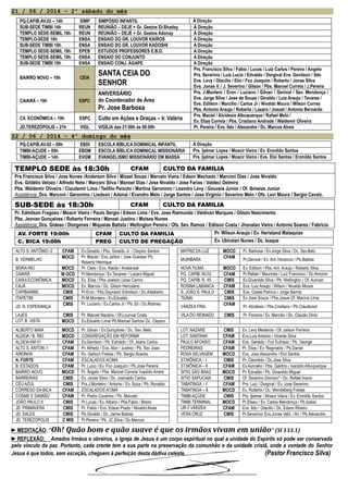 21 / 06 / 2014 – 2º sábado do mês
PQ.CAPIB.AV.02 – 14h SIMP SIMPÓSIO INFANTIL À Direção
SUB-SEDE TIMBI 14h REUN REUNIÃO – DEJE + Gr. Gestos El-Shaday À Direção
TEMPLO SEDE-SEMIL 16h REUN REUNIÃO – DEJE + Gr. Gestos Adonay À Direção
TEMPLO-SEDE 18h ENSA ENSAIO DO GR. LOUVOR KAIROS A Direção
SUB-SEDE TIMBI 18h ENSA ENSAIO DO GR. LOUVOR KADOSHI A Direção
TEMPLO SEDE-SEMIL 19h EPEB ESTUDOS PROFESSORES E.B.D. A Direção
TEMPLO SEDE-SEMIL 19h ENSA ENSAIO DO CONJUNTO A Direção
SUB-SEDE TIMBI 19h ENSA ENSAIO CONJ. ÁGAPE A Direção
BAIRRO NOVO – 19h CEIA
SANTA CEIA DO
SENHOR
Prs. Francisco Silva / Fabio / Lucas / Luiz Carlos / Pereira / Angelo
Prs. Severino / Luiz Lucio / Edvaldo / Dorgival Evs. Genilson / Ildo
Evs. Levy / Otacilio / Eloi / Fco Joaquim / Roberto / Jonas Silva
Evs. Jonas V. / J. Severino / Gilson / Pbs. Manoel Correia / J.Pereira
CAIARÁ – 19h ESPC
ANIVERSÁRIO
do Coordenador de Área
Pr. Jose Barbosa
Prs. J.Montero / Eron / Luciano / Gilvan / Genival / Sev. Mendonça /
Evs. Jorge Silva / Jose de Souza / Ginaldo / Luiz Araujo / Tavares /
Evs. Edilson / Marcilio / Carlos Jr / Nivaldo Moura / Wilson Correa
Pbs. Antonio Araujo / Roberto / Lazaro / Josuel / Antonio Bernardo
CX. ECONÔMICA – 19h ESPC Culto em Ações e Graças – Ir. Valéria
Prs. Maciel / Alcidesio Albuquerque / Rafael Melo /
Ev. Elias Correia / Pbs. Cristiano Andrade / Waldemir Oliveira
JD.TEREZÓPOLIS – 21h VIGL VIGÍLIA das 21:00h às 00:00h Pr. Pereira / Evs. Ildo / Alexandre / Dc. Marcos Alves
22 / 06 / 2014 – 4º domingo do mês
PQ.CAPIB.AV.02 – 09h EBDI ESCOLA BÍBLICA DOMINICAL INFANTIL À Direção
TIMBI-AÇUDE – 09h EBDM ESCOLA BÍBLICA DOMINICAL MISSIONÁRIA Prs. Ijalmar Lopes / Moacir Vieira / Ev. Eronildo Santos
TIMBI-AÇUDE – 14h EVGM EVANGELISMO MISSIONÁRIO EM MASSA Prs. Ijalmar Lopes / Moacir Vieira / Evs. Eloi Santos / Eronildo Santos
TEMPLO SEDE às 18:30h CFAM CULTO DA FAMILIA
Prs.Francisco Silva / Jose Nunes /Anderson Silva / Mizael Souza / Marcelo Viana / Edson Machado / Marconi Dias / Jose Nivaldo
Evs. Gildélio Velozo / Alfredo Neto / Marconi Silva / Manoel Dias / Jose Nivaldo / Jose Farias / Valdeci Delmiro
Pbs. Waldemir Oliveira / Claudemir Lima / Teófilo Peixoto / Martins Geronimo / Leandro Levy / Gouveia Junior / Of. Ibineias Junior
Assistência: Dcs. Marconi / Geronimo / Liedson / Adonai / Evandro Melo / Jorge Santos / Jose Virginio / Severino Melo / Ofs. Levi Moura / Sergio Cavalc.
SUB-SEDE às 18:30h CFAM CULTO DA FAMILIA
Pr. Edmilson Fragoso / Moacir Vieira / Paulo Sergio / Edson Lima / Evs. Jose Raimundo / Valdivan Marques / Gilson Nascimento
Pbs. Jeovan Gonçalves / Roberto Ferreira / Manoel Justino / Moises Nunes
Assistência: Dcs. Gideao / Diorgenes / Miqueias Batista / Wellington Pereira / Ofs. Sev. Ramos / Edilson Costa / Jhonatan Vieira / Antonio Soares / Fabricio
AV. FORTE 19:00h CFAM CULTO DA FAMILIA Pr. Wilson Araujo / Ev. Heristand Malaquias
C. BICA 19:00h PREG CULTO DE PREGAÇÃO Ev. Ubiratan Nunes / Dc. Isaque
ALTO S. ANTÔNIO–2 CFAM Ev.Ginaldo / Pbs. Ginaldo Jr. / Cleyton Santos MATRIZ DA LUZ MOCD Pr. Barbosa / Ev.Jorge Silva / Dc. Sev.Belo
B. VERMELHO
MOCD Pr. Maciel / Evs.Jailton / Jose Guedes/ Pb.
Roberto Henrique
MURIBARA
CFAM Pr.Genival / Ev. Ant. Horancio / Pb.Batista
BEIRA RIO MOCD Pr. Cleto / Evs. Ataide / Anatanael NOVA TIUMA MOCD Ev. Edilson / Pbs. Ant. Araujo / Roberto Silva
CAIARÁ M OCD Pr.Mendonça / Ev.Tavares/ / Lazaro Miguel PQ. CAPIB. AV.02 CFAM Pr.Rafael / Mauricéa / Luiz Francisco / Dc.Amorim
CAIXA ECONÔMICA MOCD Ev. Elias / Pbs Joelson /Jose Carmo PQ. CAPIB. R. 45 CMIS Ev.Givanildo Silva / Pb. Wellington / Of. Aurivan
CAJÁ MOCD Ev. Marcos / Dc. Gilson Herculano ROSINA LABANCA CFAM Evs. Luiz Araujo / Wilson / Nivaldo Moura
CAPIBARIBE CMIS Pr.Eron / Pbs.Deyvson/ Edmilson / Dc.Adalberto S. JOÃO S. PAULO CMIS Evs. Ozeas Patricio / Jorge Barros
ITAPETIM CMIS Pr.M.Monteiro / Ev.Edvaldo TIÚMA CMIS Ev.Jose Souza / Pbs.Josue Of. Marcos Lima
JD. N. ESPERANÇA
CMIS Pr. Luciano / Ev.Carlos Jr / Pb. Eli / Dc.Robney
VÁRZEA FRIA
CFAM Pr. Alcidesio / Pbs.Cristiano / Pb.Claudionor
LAJES CMIS Pr. Manoel Nazário / Of.Lourival Costa VILA DO REINADO CMIS Pr. Ferreira / Ev. Marcilio / Dc. Claudio Diniz
LOT. B. VISTA MOCD Ev.Edvaldo Lima/ Pb.Manoel Santos/ Dc. Cleyton
ALBERTO MAIA MOCD Pr. Gilvan / Ev.Gonçalves / Dc. Sev. Melo LOT. NAZARE CMIS Ev. Levy Medeiros / Of. Jailson Ferreira
ALDEIA / B. RIO MOCD CONGREGAÇÃO EM REFORMA LOT. SANTANA CFAM Evs.Luiz Antonio / Vicente Silva
ALDEIA KM 01 CFAM Ev.Genilson / Pb. Ednaldo / Of. Jeans Carlos PAULO AFONSO CFAM Evs. Geraldo / Fco Eufrasio / Pb. George
ALTO S. ANTON–1 CFAM Pr. Alfredo / Evs. Alcir / Justino / Pb. Sev Joao PEDREIRAS CFAM Pr. Elias / Ev. Reginaldo / Pb.Daniel
AREINHA CFAM Ev. Gelison Freitas / Pb. Sergio Soares ROSA SELVAGEM MOCD Evs. Jose Alexandre / Eloi Santos
A. FORTE CFAM ESCALADOS ACIMA ST.MÔNICA – I CMIS Pr..Cleonildo / Dc.Jose Silva
B. ESTADOS CFAM Pr. Lucio / Ev. Fco Joaquim / Pb.Jose Pereira ST.MÔNICA – II CFAM Ev.Auricélio / Pbs. Galdino / Ivanildo Albuquerque
BAIRRO NOVO MOCD Pr. Ângelo / Pbs. Manoel Correia/ Ivanildo Andre SITIO SÃO BRAZ MOCD Pr. Edvaldo / Pb. Givanildo Miguel
BARREIRAS CMIS Ev. Jonas Silva / Dc. Josinaldo Carlos SITIO SAPUCAIA CMIS Of. Severino Dionisio* / Dc. Rafael Inacio
CÉU AZUL CMIS Prs.J.Monteiro / Antonio / Ev. Suza / Pb. Ronaldo TABATINGA – I CFAM Prs. Luiz / Dorgival / Ev. Jose Severino
CÓRREGO DA BICA CFAM ESCALADOS ACIMA TABATINGA – II MOCD Ev. Roberto / Dc. Wendeberg Freitas
COSME E DAMIÃO CFAM Pr. Pedro Coutinho / Pb. Marcelo TIMBI-AÇÚDE CMIS Prs. Ijalmar / Moacir Vieira / Ev. Eronildo Santos
JOÃO PAULO II CMIS Pr.Lucas / Ev. Albano / Pbs.Fabio / Breno TIMBI TERMINAL MOCD Pr.Eliseu / Ev. Carlos Mendonça / Pb.Izaias
JD. PRIMAVERA CMIS Pr. Fabio / Evs. Edson Prado / Nivaldo Alves UR-7 VÁRZEA CFAM Evs. Ildo / Otacilio / Dc. Edson Ribeiro
JD. SALES CMIS Pb.Givaldo / Dc. Jaime Batista VERA CRUZ CMIS Pr.Severino/ Evs.Jonas Vald. / Ari / Pb.Alexandre
JD. TEREZÓPOLIS C MIS Pr.Pereira / Pb. JC.Silva / Dc.Marcos
►MEDITAÇÃO: “Oh! Quão bom e quão suave é que os irmãos vivam em união” (Sl 133.1)
►REFLEXÃO: Amados Irmãos e obreiros, a igreja de Jesus é um corpo espiritual no qual a unidade do Espírito só pode ser conservada
pelo vínculo da paz. Portanto, cada crente tem a sua parte na preservação da comunhão e da unidade cristã, onde a vontade do Senhor
Jesus é que todos, sem exceção, cheguem à perfeição desta dádiva celeste. (Pastor Francisco Silva)
_____________________________________________
 