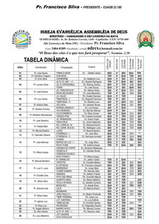 Pr. Francisco Silva - PRESIDENTE – CGADB 23.180
Igreja Evangélica Assembléia de Deus
Ministério – Camaragibe e São Lourenço da Mata
TEMPLO-SEDE: Av. Dr. Belmino Correia, 1448 - Capibaribe / CEP: 54705-000
São Lourenço da Mata (PE) - Presidente: Pr. Francisco Silva
Fone:3484-0389 -Facebook / e-mail:adecs@hotmail.com.br
“O Deus dos céus é o que nos fará prosperar”. Neemias. 2.20
TABELA DINÂMICA
CÍRCULODE
ORAÇÃO
SANTACEIA
CULTODE
DOUTRINA
DiadaOração
daMocidade
DiadaOração
Missionária
ÁREA Coordenador Congregação Dirigente
01 Pr. Jose Nunes TEMPLO-SEDE Ev. Gildélio Velozo SEG 2ª SEX QUA TER
02 Pr. Edmilson Fragoso SUB-SEDE TER 4ª QUA TER QUI
03 Pr. Eron Silva CAPIBARIBE Dc. Adalberto Lins QUA 2ª QUI SEX SAB
04 Pr. Luciano Silva
ALTO ST. ANT. – II Ev. Ginaldo Rodrigues TER 2ª QUA QUI SEX
JD. N. ESPERANÇA Dc. Robney Santos SEX 3ª TER SAB QUA
TIÚMA Ev. José Souza QUA 3ª QUI QUA SEX
05 Pr. José Pereira
JD. TEREZÓPOLIS Dc. Marcos Alves QUI 4ª QUA SEX QUI
ROSA SELVAGEM Ev. Jose Alexandre TER 4ª QUI SAB SEX
06 Pr. Luiz Carlos
JD. SALES Pb. Givaldo Santana QUA 2ª TER SAB
TABATINGA – I Ev. Dorgival Francisco TER 3ª QUI SAB
TABATINGA – II Ev. Roberto Luna QUI 2ª QUA QUI SEX
07 Pr. Antônio Neto CÉU AZUL Ev. Ubiratan Nunes QUI 3ª QUA QUI SEX
08 Pr. Genildo Ferreira
ROSINA LABANCA Ev. Luiz Araujo QUI 3ª QUA TER
VILA REINADO Ev. Marcílio Manoel QUA 4ª QUI TER
09 Pr. Alcidesio Albuquerque
CX ECONÔMICA Ev. Elias Correia QUI 3ª QUA QUI SEX
VÁRZEA FRIA Pb. Cristiano Andrade QUA 3ª TER QUA QUI
10 Pr. Jose Severino
JD. PRIMAVERA Ev. Edson Prado SEX 3ª QUA SEX QUI
VERA CRUZ Ev. Jonas Valdomiro QUA 2ª QUI TER SEX
11 Pr. Rafael Melo
PQ. CAPIB.AV. 02 Dc. Manoel Amorim QUI 4ª TER QUA SAB
PQ. CAPIB. RUA 45 Pb. Wellington Lima SEX 2ª QUI TER SAB
12 Pr. Manoel Nazário LAJES Pr. Manoel Nazário QUI 4 TER ***
13 Pr. Cleonildo Oliveira
ST.MÔNICA – I Dc. Jose Silva QUA 3ª QUI SEX ***
ST.MÔNICA – II Ev. Henrique Auricélio SEX 2ª TER QUA SEG
14 Pr. Jose Barbosa
CAIARÁ SEX 1ª TER QUI SAB
MATRIZ DA LUZ – I Ev. Jorge Silva SEG 3ª QUI QUI
NOVA TIUMA Pb. Antônio Araujo TER 4ª QUA QUI SEX
15 Pr. Wilson Araujo
AVENIDA DO FORTE Ev. Heristand Malaquias
CENÁCULO Ev. Ubiratan Nunes
CÓRREGO DA BICA
NOVO PRADO Pr. Wilson Araujo
16 Pr. Manoel Monteiro
B. VERMELHO Ev. Jailton Cabral TER 2ª QUA ***
ITAPETIM Ev. Edvaldo Batista TER 3ª QUI SEX SEX
17 Pr. Luiz C. Lucio
B. ESTADOS Ev. Francisco Joaquim QUA 3ª TER QUI QUA
BARREIRAS Ev. Jonas Silva QUI 2ª QUA TER SEX
COSME DAMIÃO Pb. Marcelo Silva SEX 4ª QUA QUA SEX
18 Pr. Edvaldo Dias
AREINHA Ev. Gelison Freitas QUI 4ª TER SEX SAB
SITIO SÃO BRAZ Pb. Givanildo Miguel QUI 3ª TER
19 Pr. Gilvan Silva
ALBERTO MAIA Dc. Marcio Albérico SEX 3ª TER QUI
PAULO AFONSO Ev. Geraldo Cordeiro QUI 2ª TER QUI SAB
20 Pr. Genival José
BEIRA RIO Ev. Ataide Diana QUA 4ª QUI TER SEX
CAJÁ Ev. Marcos Amaro TER 2ª QUI ***
MURIBARA SEX 4ª QUA SEX TER
21 Pr. Eliseu Alves
JOÃO PAULO II Ev. Albano Ponticelli TER 3ª QUA QUI SEX
TIMBI TERMINAL Pb. Izaias Lira SEX 3ª TER ***
22 Pr. Ijalmar Luiz
LOT. SANTANA Ev. Luiz Antônio QUA 2ª QUI TER
TIMBI-AÇÚDE Ev. Eronildo Santos QUA 4ª TER QUA ***
23 Pr. Elias Luiz PEDREIRAS Ev. Reginaldo Paulino TER 2ª QUI TER
24 Pr. Angelo Martins BAIRRO NOVO Pb. Manoel Correia QUA 1ª QUI SEX TER
25 Ev. Alcir Santos ALTO ST. ANT. – I Pb. Severino João TER 4ª TER QUI
26 Ev. Levy Medeiros
LOT. NAZARE QUA 2ª TER QUI QUA
SITIO SAPUCAIA QUA 2ª TER SEX
 
