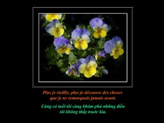 Plus je vieillis, plus je découvre des choses
   que je ne remarquais jamais avant.
Càng có tuổi tôi càng khám phá những điều
         tôi không thấy truớc kia.
 