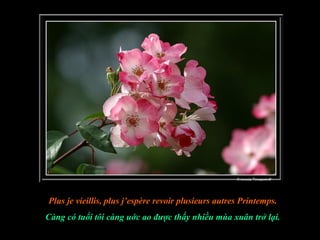Plus je vieillis, plus j’espère revoir plusieurs autres Printemps.
Càng có tuổi tôi càng uớc ao được thấy nhiều mùa xuân trở lại.
 