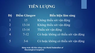 TIÊN LƯỢNG
Độ Điểm Glasgow Biểu hiện lâm sàng
1 15 Không thiếu sót vận động
2 13-14 Không thiếu sót vận động
3 13-14 Thiếu sót vận động
4 7-12 Có hoặc không có thiếu sót vận động
5 3-6 Có hoặc không có thiếu sót vận động
Bảng mức độ lâm sàng của World Federation of
Neurological Surgeons
 